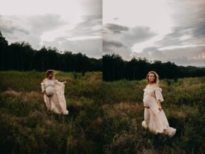 Black pregnant mother standing in a field at sunset for a maternity photo session.
