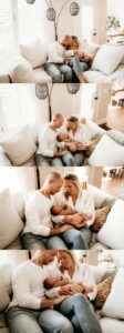 Mom and dad holding their newborn on their couch for family newborn photos.