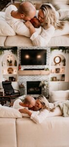 Mom and dad holding their newborn on their couch for family newborn photos.