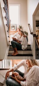 Mom and dad holding their newborn on their couch for family newborn photos.