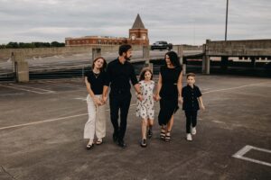 Family walking on a parking deck in Marietta, Ga.