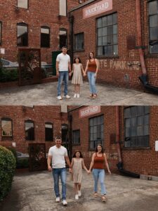 Family of 3 posing for family photos in Marietta, GA