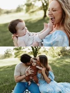 family of three posing for photos in the Spring in Marietta, GA. 